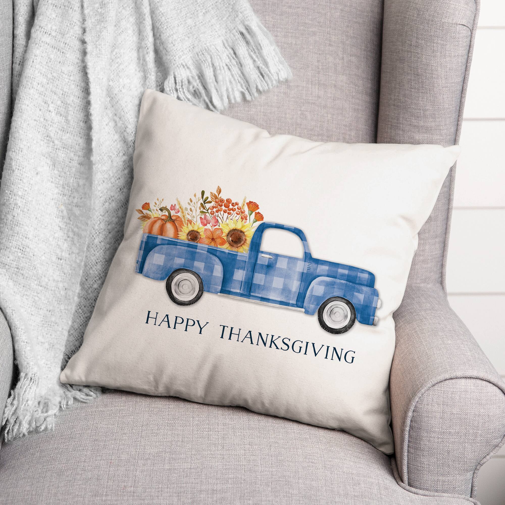 Blue Thanksgiving Truck Pillow